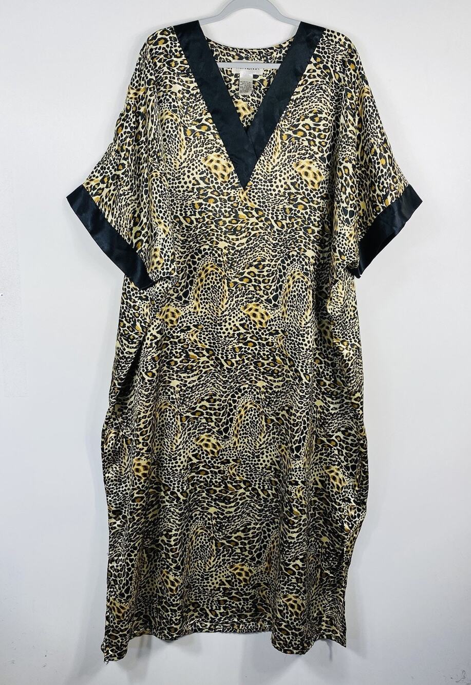 Winlar Lounge Dress OSFA Animal Print Satin Caftan Muumuu Brown Black Leopard